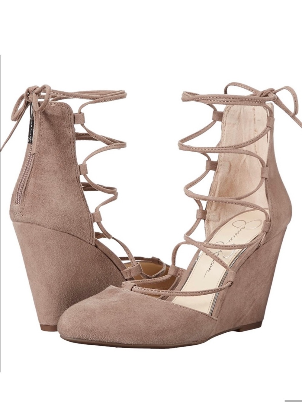 Jessica Simpson Lace-Up Suede Jacee Wedge Pumps in Taupe